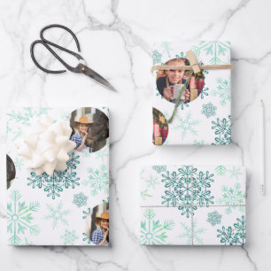 Foto Grüne Schneeflocken Set 3 Geschenkpapier Set