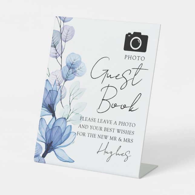 Foto Guest Book Dusty Blue Floral Wedding Sockelschild (Vorderseite)