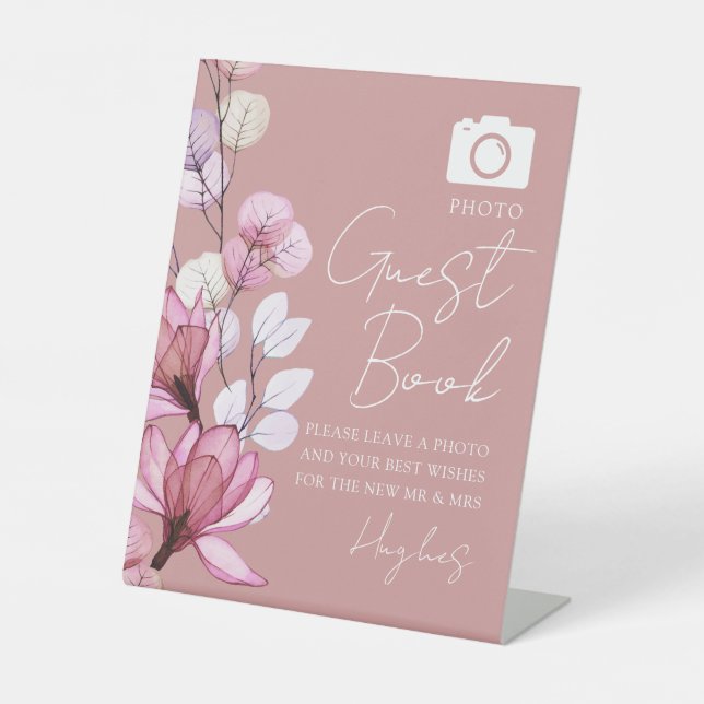 Foto Guest Book Floral Dusty Rose Wedding Sockelschild (Vorderseite)