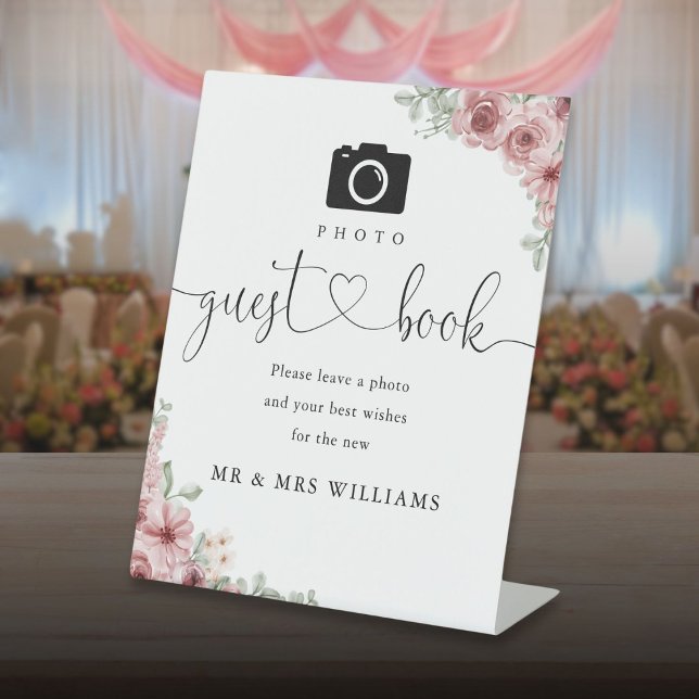 Foto Guest Book Rose Bluorheft Sockelschild (Photo Guest Book Roses Floral Heart Script Pedestal Sign)