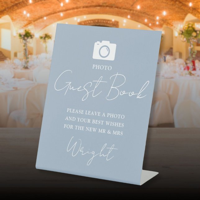 Foto Guest Book Script Dusty Blue Wedding Sockelschild (Photo Guest Book Script Dusty Blue Wedding Pedestal Sign)
