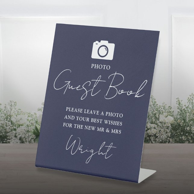 Foto Guest Book Script Navy Blue Wedding Sockelschild (Photo Guest Book Script Navy Blue Wedding Pedestal Sign)