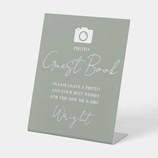 Foto Guest Book Script Sage Green Wedding Sockelschild (Vorderseite)