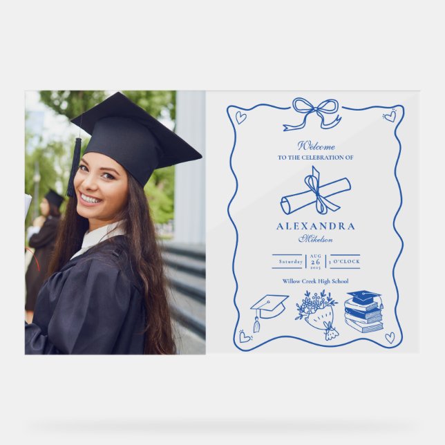 Foto Hand Drawn Illustriert Blue Graduation Party Acrylschild (Vorderseite)