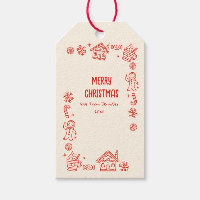 Foto Hand Drawn Red Doodle Whimsical Weihnachten Geschenkanhänger (Vorderseite)