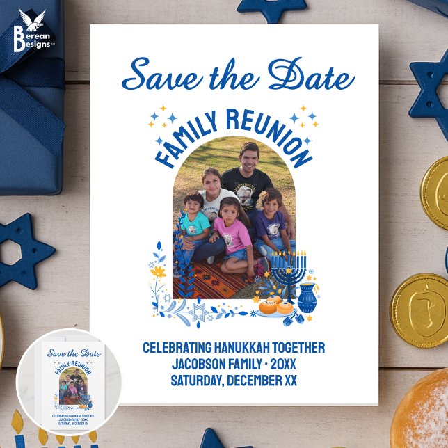 Foto HANUKKAH FAMILY WIEDERSEHEN Save The Date (Save the Date for family reunion to celebrate Hanukkah. Shirts, gifts, party supplies available.)