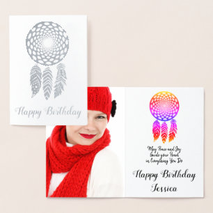 Foto Happy Birthday Silver Foil Feathers Card Folienkarte