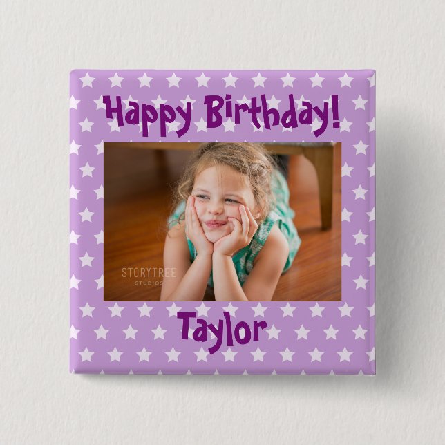 Foto Happy Geburtstag Lila und weiße Sterne Button (Vorderseite)