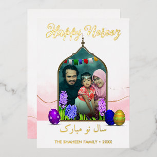 Foto Happy Noroz Pastel Pink Blume Farbiges Ei Folien Feiertagskarte