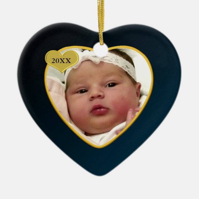 Foto-Herz des dunkelblauen Babys erstes Weihnachts Keramikornament (Vorne)