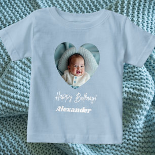Foto Herz Name Geburtstag blau Junge Baby T-shirt