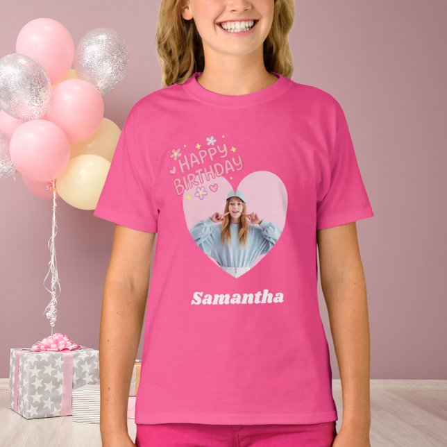 Foto Herz Name Geburtstag Mädchen Rosa T-Shirt (Von Creator hochgeladen)