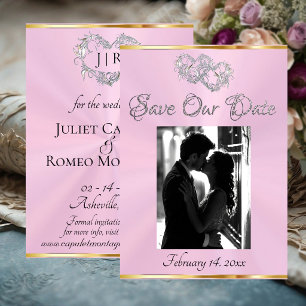 Foto, Herzen & Schleife - Pastellrosa/Silber Save The Date
