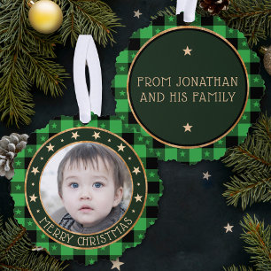 Foto hinzufügen Büffelkariert & Sterne Frohe We Ornament Karte
