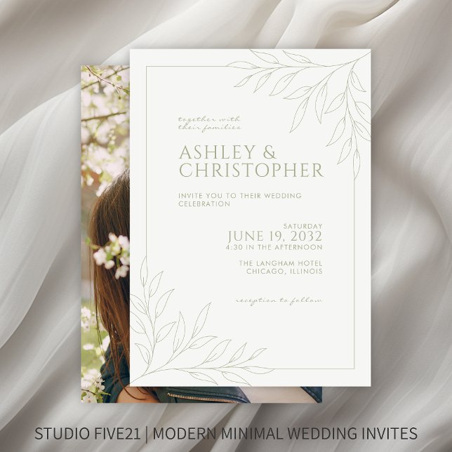 Foto Hochzeit der modernen Sage Green Foliage Kont Einladung (Von Creator hochgeladen)