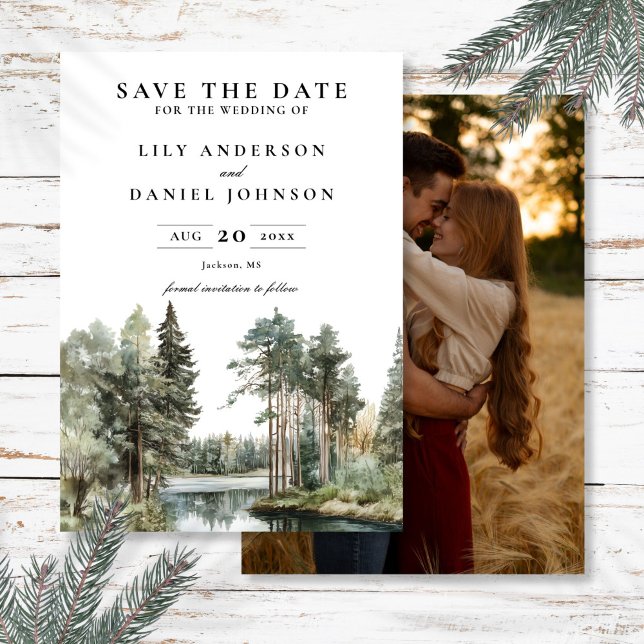 Foto Hochzeit des Waldes auf dem Wasserfarbensee Save The Date (Watercolor Lake Forest Woodland Photo Wedding Save The Date)