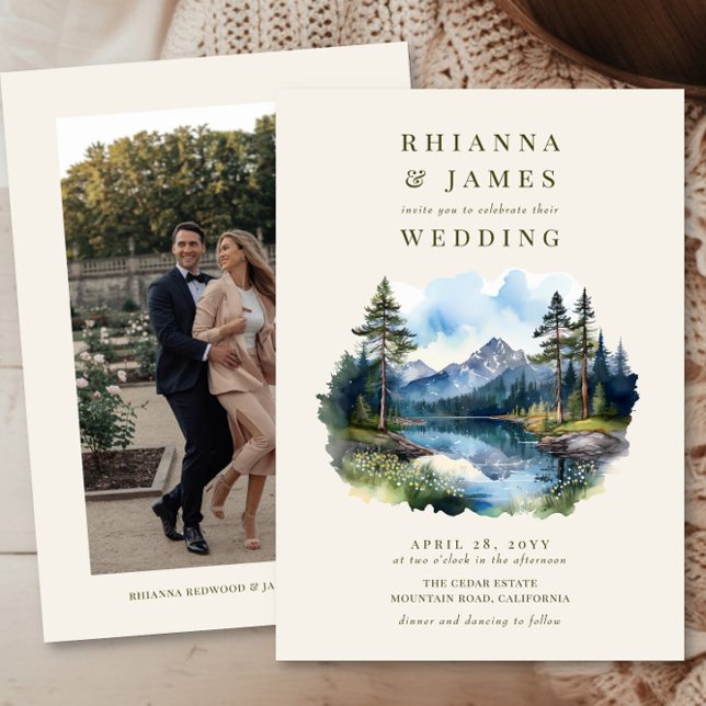 Foto Hochzeit des Watercolor Country Lake Einladung (Wedding invitation with photo  from the Country Lake wedding collection by Darling & May)