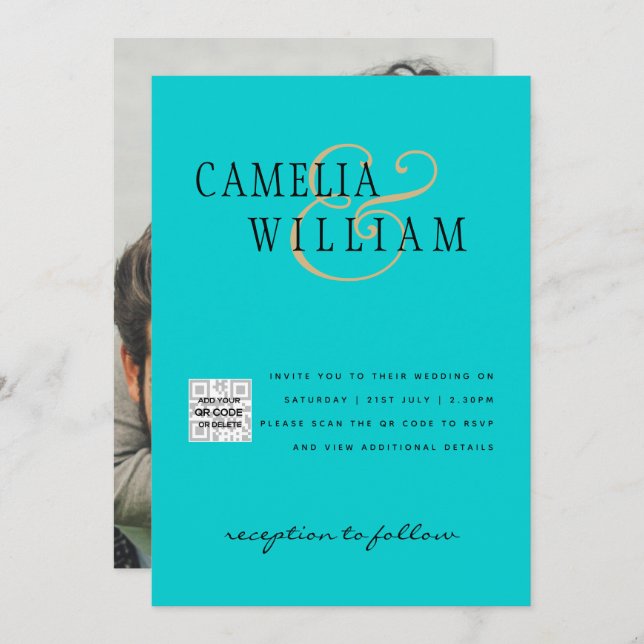 Foto Hochzeit Einladung QRCode UAWG Aquamarin Blue (Vorne/Hinten)