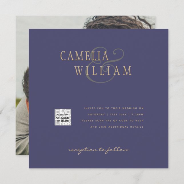 Foto Hochzeit Einladung QRCode UAWG Dark Lila (Vorne/Hinten)