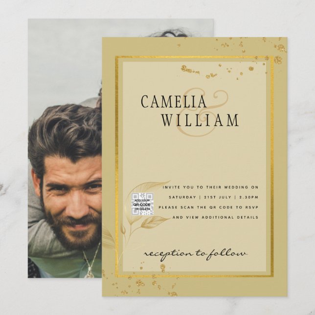Foto Hochzeit Einladung QRCode UAWG Gold Gelb (Vorne/Hinten)