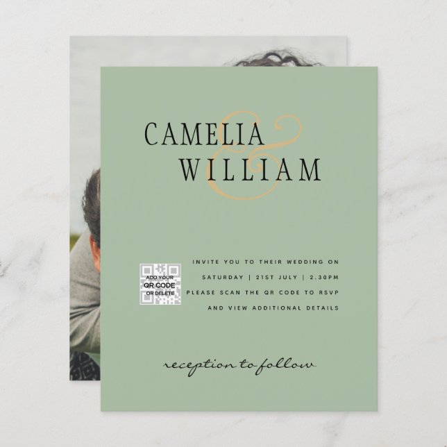 Foto Hochzeit Einladung QRCode UAWG Sage Green (Vorne/Hinten)