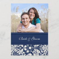 Foto Hochzeit Einladungen Blaue Creme Damask