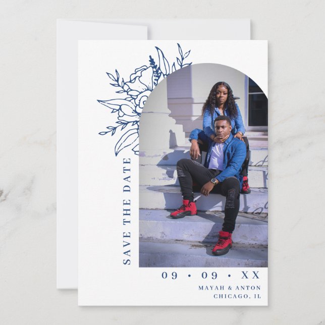 Foto Hochzeit mit blauen und weißen Botanischen Pf Save The Date (Vorderseite)