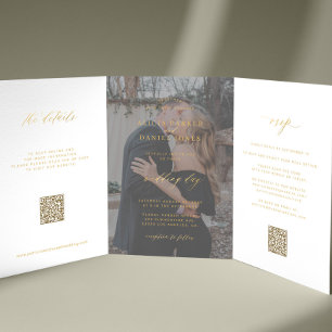 Foto Hochzeit mit Gold-Skript RSVP Details QR-Code Dreifach Gefaltete Einladung