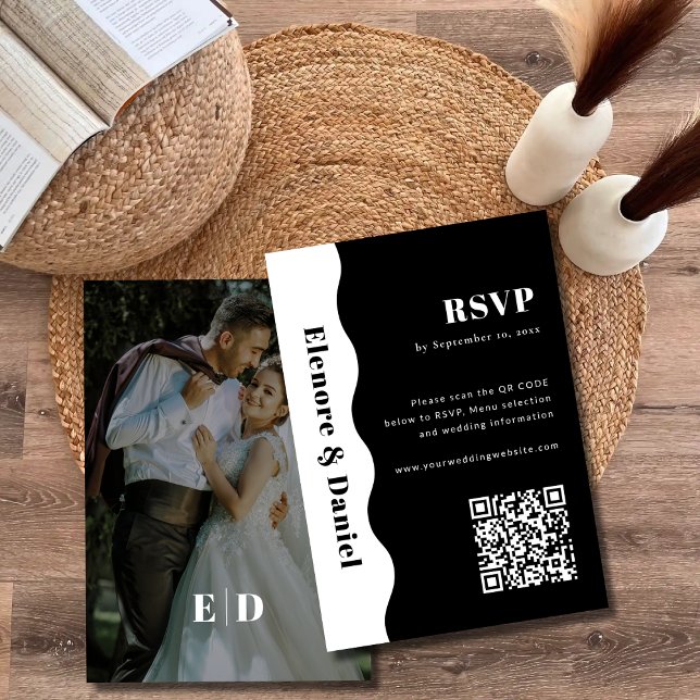 Foto-Hochzeit mit schwarzem und weißem QR-Code RSVP Karte (Black and White QR code Side Wave Photo Wedding RSVP Card)