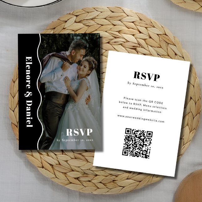 Foto Hochzeit | QR-Code für Schwarz-Weiß-Seitenwel RSVP Karte (Photo Wedding | Black and White Side Wave QR code RSVP Card)
