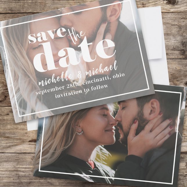 Foto Hochzeit Save the Date Modernes Minimalistisc (Photo overlay bold typography wedding save the date card.)