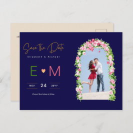 Foto Hochzeit Save the Date Navy Pink Floral Postkarte