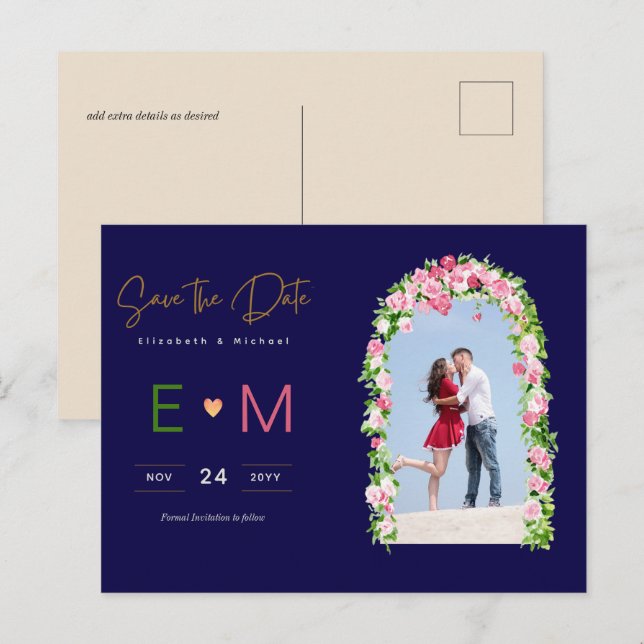 Foto Hochzeit Save the Date Navy Pink Floral Postkarte (Vorne/Hinten)
