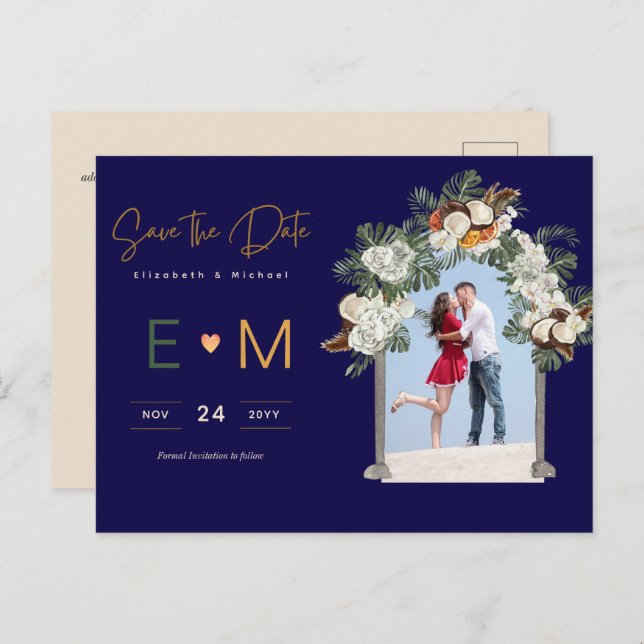 Foto Hochzeit Save the Date Navy Terracotta Floral Postkarte (Vorne/Hinten)
