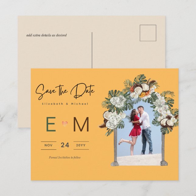 Foto Hochzeit Save the Date Yellow Tropical Floral Postkarte (Vorne/Hinten)