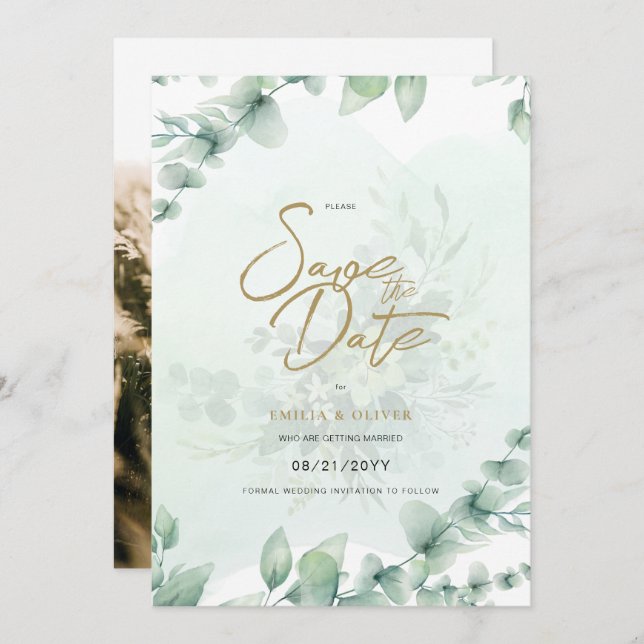 FOTO Hochzeit speichern das Datum Rustikal grün Einladung (Vorne/Hinten)