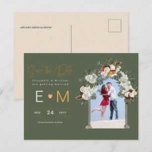 Foto Hochzeit Terminankündigung Olivgrün Floral Postkarte