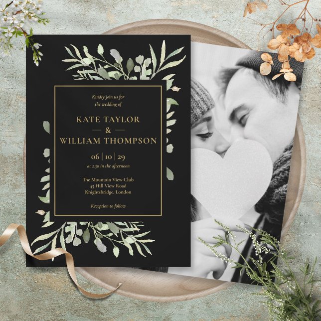 Foto Hochzeit von Black and Gold Einladung (Black And Gold Greenery Photo Wedding Invitation)