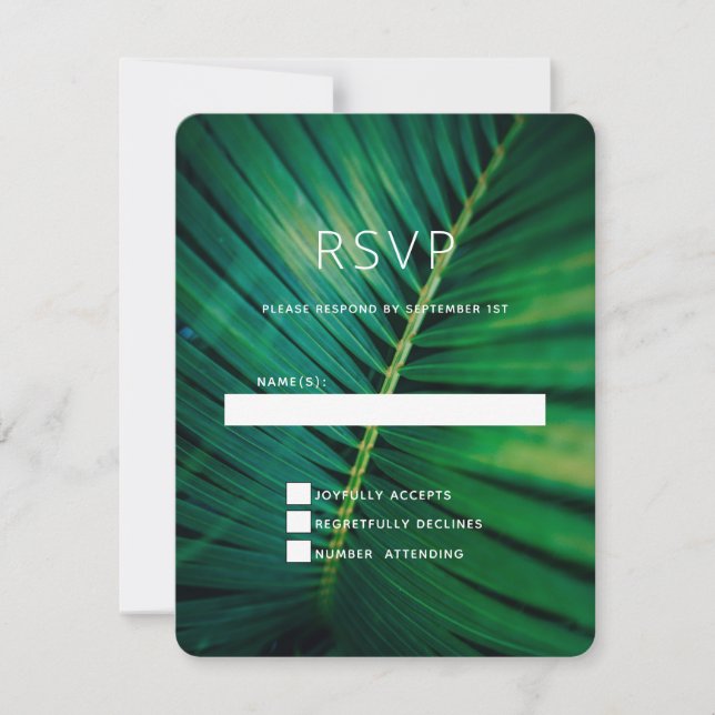 Foto Hochzeit von Green Leaf Palm Frontend RSVP Karte (Vorderseite)
