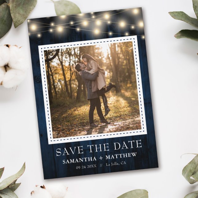 Foto Hochzeit von Navy Rustic Wood String Lights Save The Date (Von Creator hochgeladen)