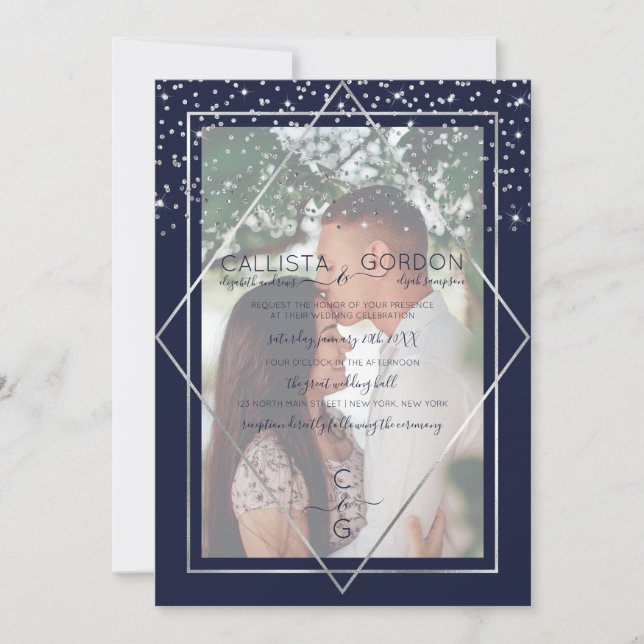 Foto Hochzeit von Navy Silver Confetti Geo Border Einladung (Vorderseite)