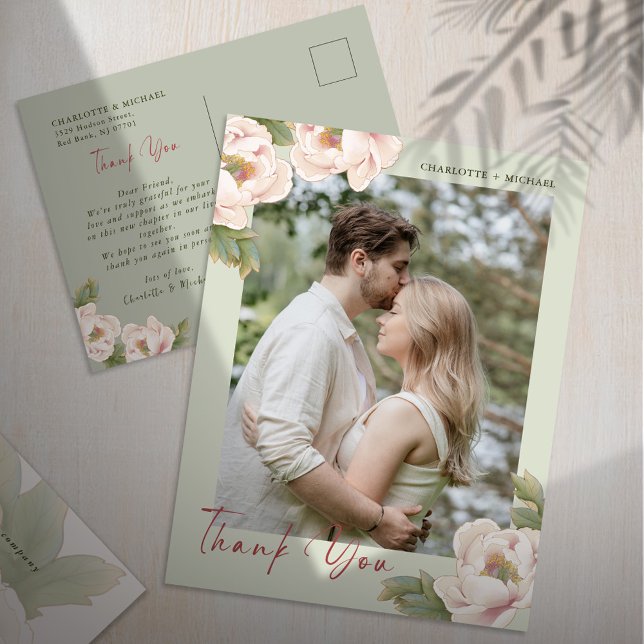 Foto Hochzeit von Sage & Blush Peony Postkarte (Von Creator hochgeladen)