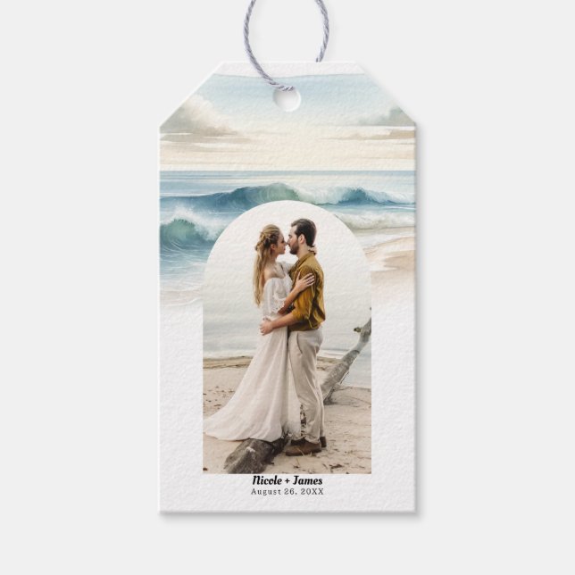 Foto Hochzeit von Watercolor Beach Waves Geschenkanhänger (Vorderseite)