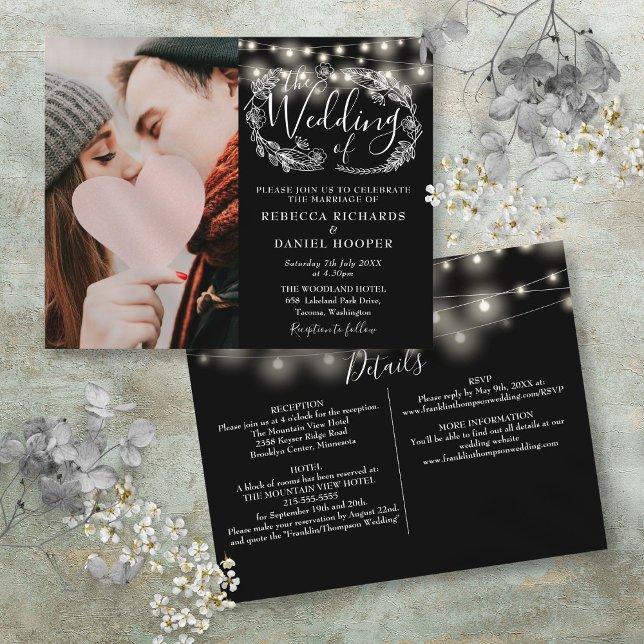 Foto Hochzeitsdetails laden zur Teilnahme an einer (Budget String Lights Photo Wedding Details Invite)