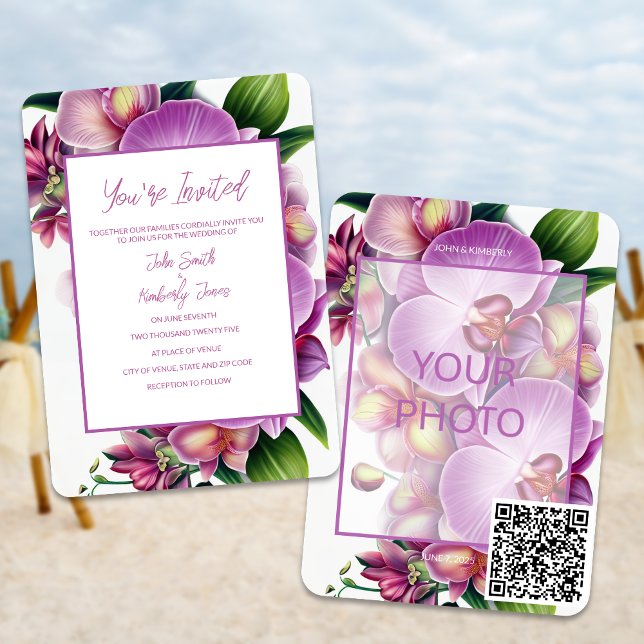 Foto Hochzeitsempfang QR-Code Einladung (Add your photo and your very own QR code with these floral orchids in bloom wedding invitations)