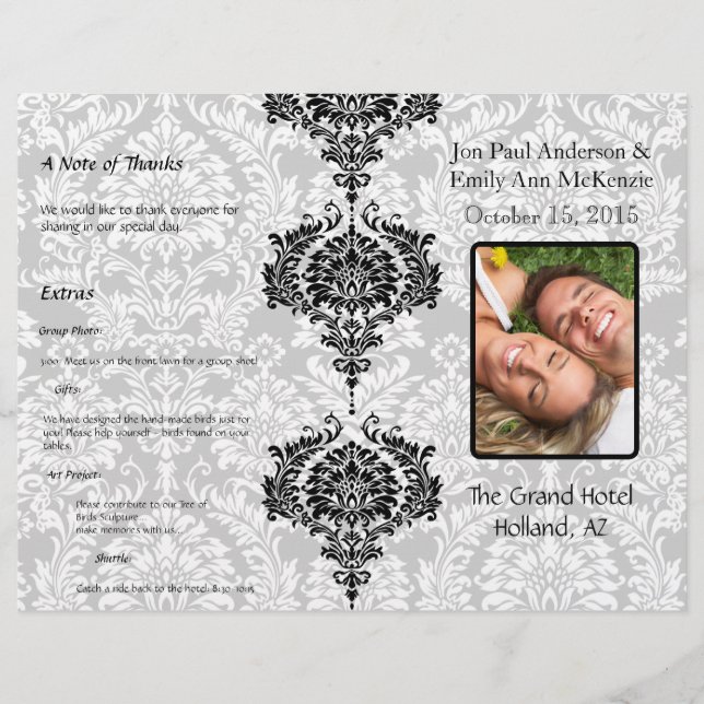 Foto-Hochzeitsprogramm Schwarzer Damast (Vorderseite)