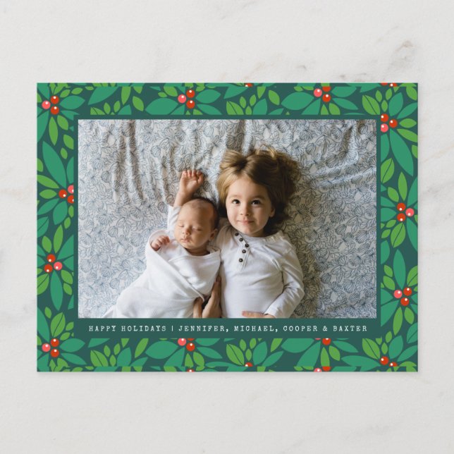 FOTO HOLIDAY CARD | Christmas Red & Green Holly Feiertagspostkarte (Vorderseite)