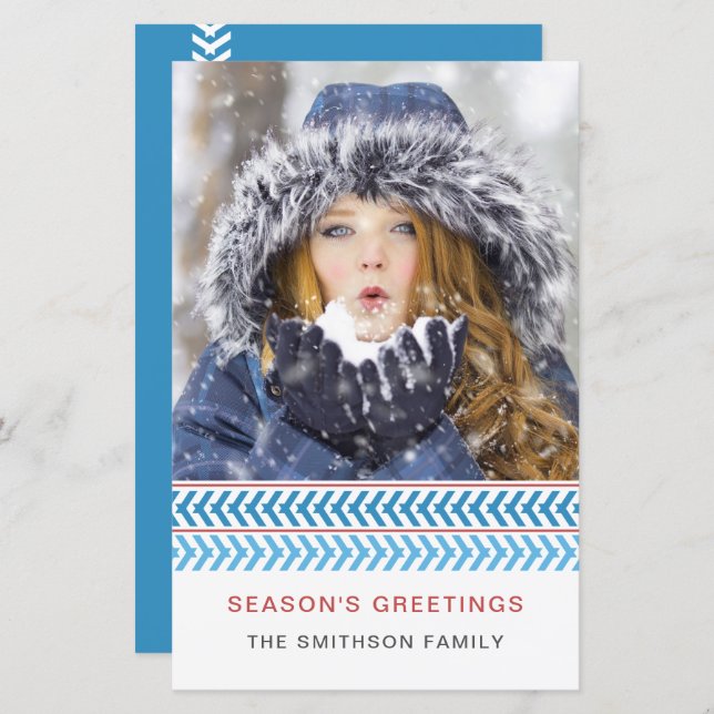 Foto Holiday Card mit Blue und White Stitches (Vorne/Hinten)