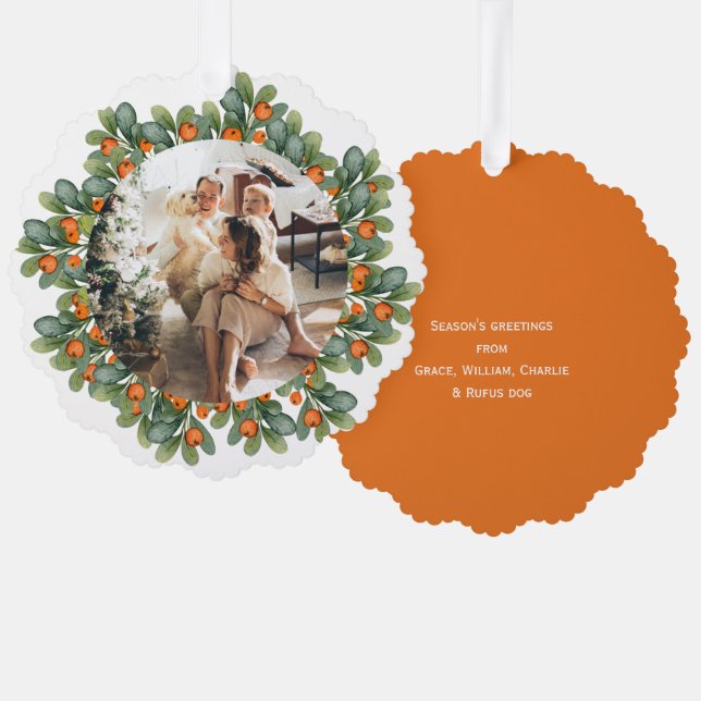 Foto Holiday Wreath Personalisiert Weihnachten Ornament Karte (Vorderseite/Rückseite)