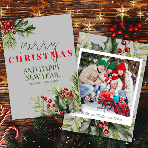 Foto Holly Pine Red Berries Graue Weihnachtskarte Einladung